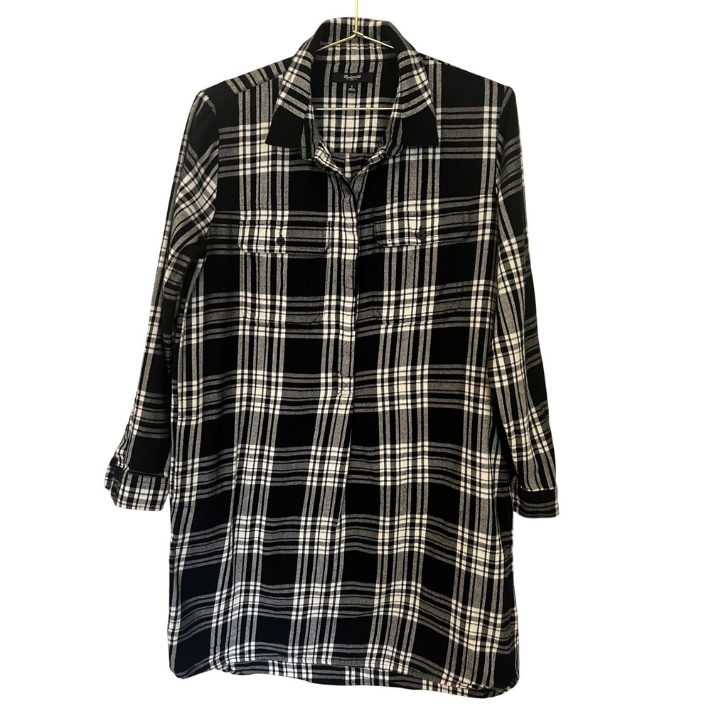 MADEWELL Daywalk Plaid Flannel Shirt Dress Size S Long Sleeve Black White - Picture 2 of 11